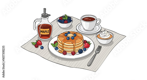 Illustrated breakfast scene featuring a stack of pancakes topped with fresh berries, butter, and maple syrup, served with coffee.