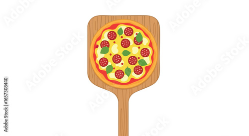A flat vector illustration of a pepperoni and basil pizza on a wooden pizza peel.