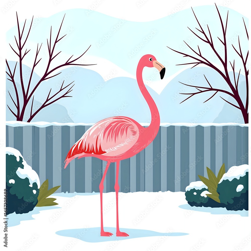 Obraz premium A graceful flamingo in a winter wonderland