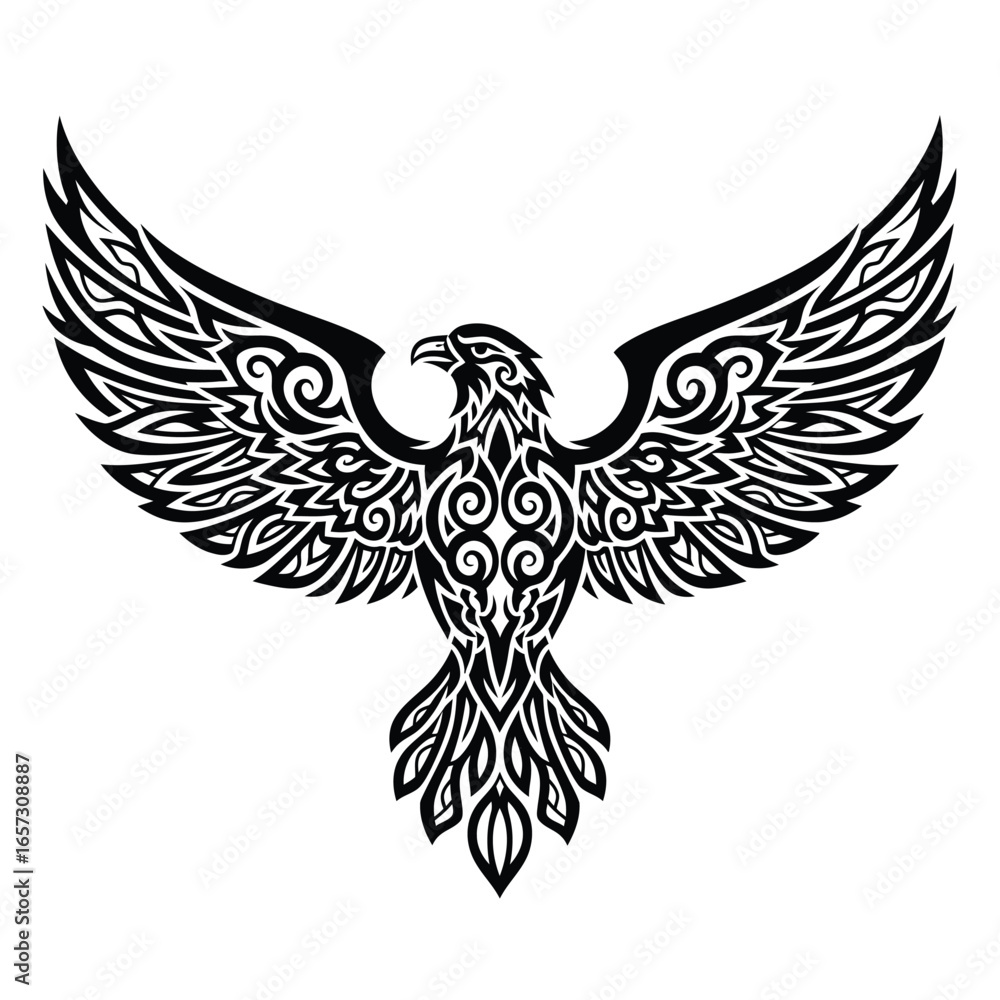 Obraz premium Ornate tribal-style eagle design, wings outstretched, detailed black ink artwork.