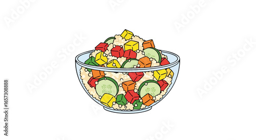 A colorful illustration of a healthy quinoa salad in a clear glass bowl, mixed with diced peppers and sliced cucumbers.