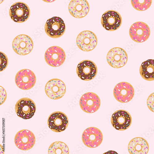 A seamless pattern with colorful delicious donuts. Vector seamless donut cake pattern. Vector illustration.
