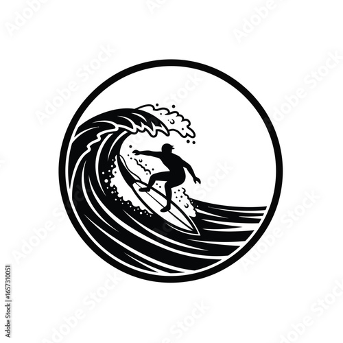 Silhouette of a surfer riding a large wave inside a circular frame.
