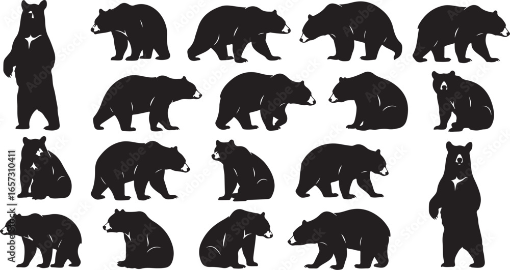 Fototapeta premium Collection of black bear silhouettes in various poses and actions on a white background