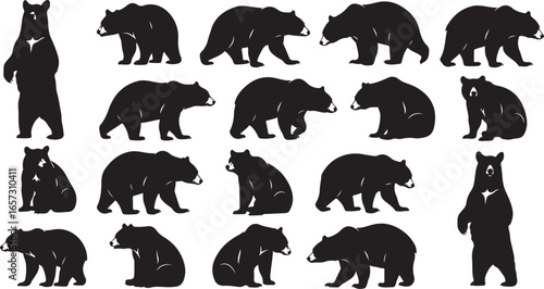 Collection of black bear silhouettes in various poses and actions on a white background