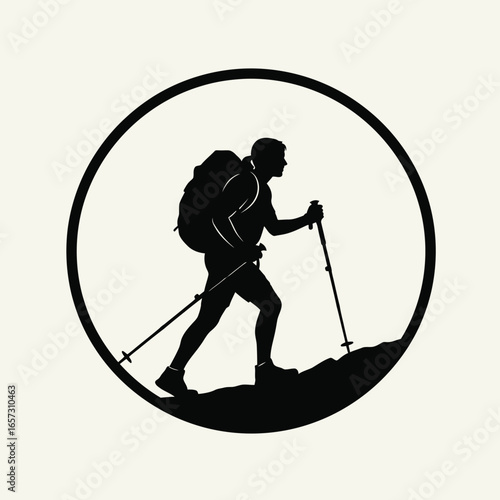 Silhouette of a hiker ascending a hill, using trekking poles, within a circular frame.