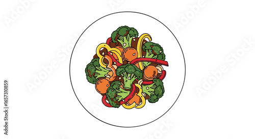 A top-down graphic illustration of a white plate filled with fresh, colorful mixed vegetables like broccoli and peppers.