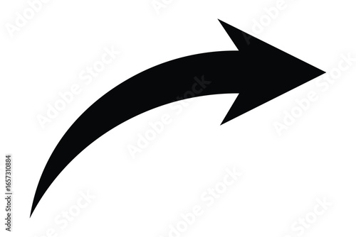 black curved arrow pointing up and right isolated on white background