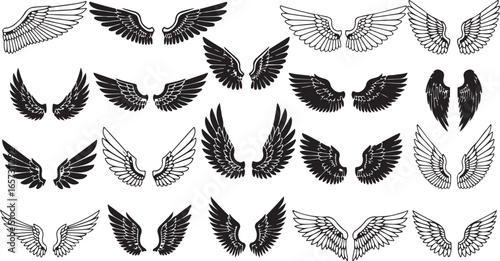 Collection of diverse black ink drawn angel wings in various styles and sizes