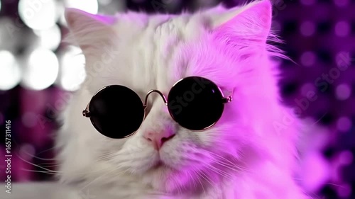 White cat wearing round sunglasses, bathed in vibrant purple light