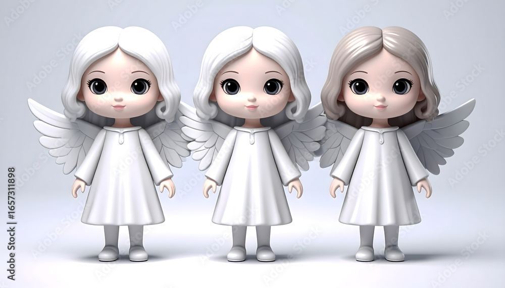 Fototapeta premium A scene of three cute white angels in doll form lined up
