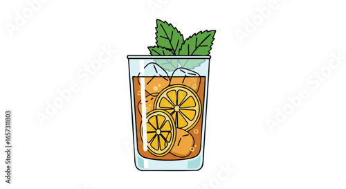 A cool glass of iced tea garnished with fresh lemon slices and a sprig of mint.