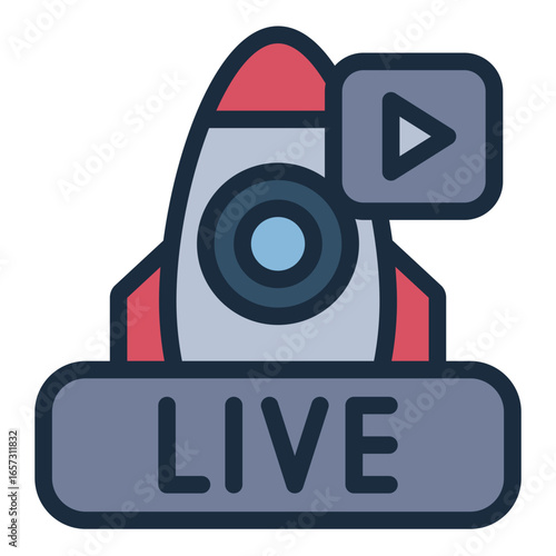 live stream filled line icon showing rocket launch video broadcast