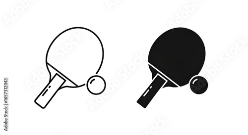 Minimalist Ping Pong Paddle and Ball Icon Outline and Filled Design