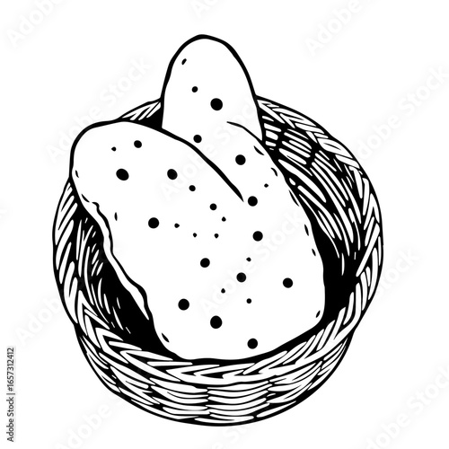 Two Flatbreads With Spots Lying In A Woven Basket Black And White Illustration Style