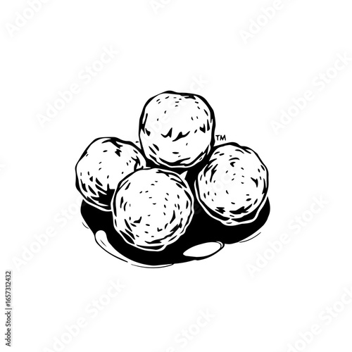 Stack Of Four Round And Textured Meatballs Resting Upon A Black Sauce Graphic Rendering