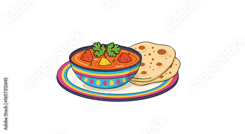 A colorful illustration of a bowl of Indian curry served with roti flatbread on a decorative plate.