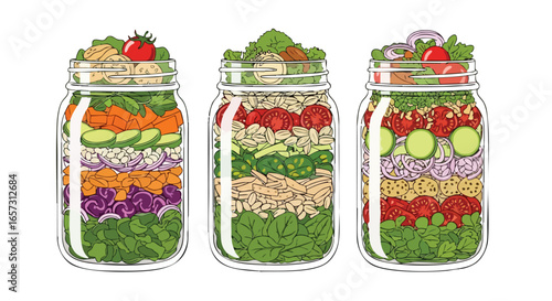 A hand-drawn illustration of three mason jars filled with colorful, layered salads for healthy meal prepping.