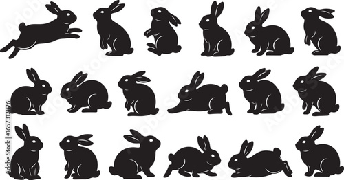 Collection of black silhouette rabbits in various playful poses and activities