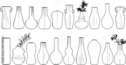 Collection of hand drawn outline vases with delicate floral branches on a white background