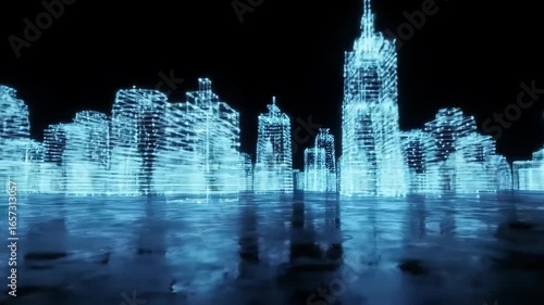 Abstract cityscape reflected in water, rendered in a light blue glow