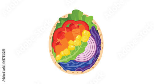A vibrant vector illustration of a healthy pita wrap filled with a rainbow of fresh vegetables, viewed from above.