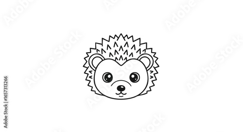 A simple black and white line art illustration of a cute cartoon hedgehog head isolated on a white background.