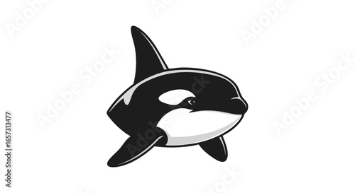 A charming cartoon illustration of a friendly orca, or killer whale, isolated on a white background.