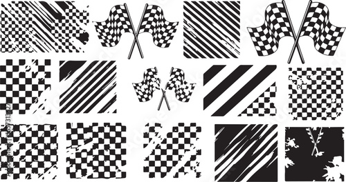 Collection of distressed checkered flags and racing patterns with grunge texture for motorsport themes
