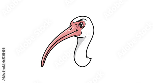 A cartoon illustration of a white ibis head with a long pink beak against a plain white background.