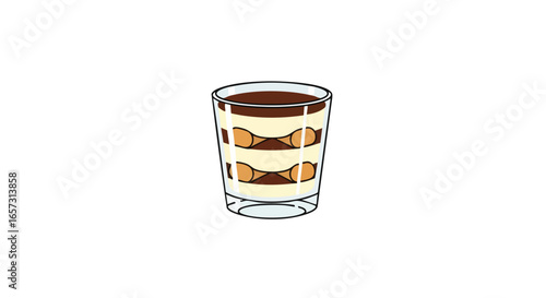 A simple cartoon illustration of a layered tiramisu dessert served in a clear glass cup on a white background.