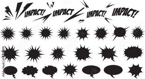 Collection of comic book style impact sound effects and speech bubbles in black and white
