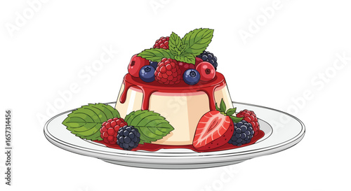 An elegant panna cotta dessert topped with a vibrant berry sauce, fresh mixed berries, and mint leaves on a white plate.