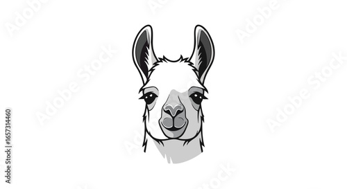 A black and white graphic illustration of a cute llama's head looking directly forward, isolated on a white background.