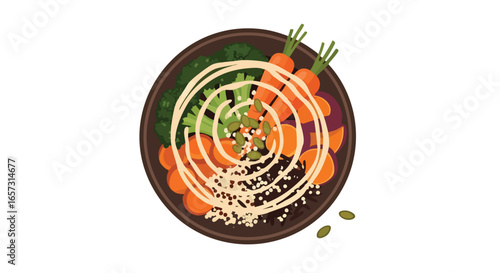 A top-down vector illustration of a healthy Buddha bowl with carrots, broccoli, seeds, and a creamy dressing.