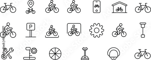 Bicycle icons, cycling symbols, bike transportation, eco travel, urban mobility, ride sharing, healthy lifestyle, outdoor activity, commuting graphics, flat vector illustration