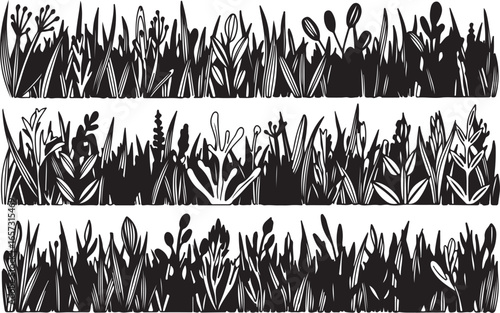 Abstract black and white illustration of dense wild grass and foliage in three horizontal bands