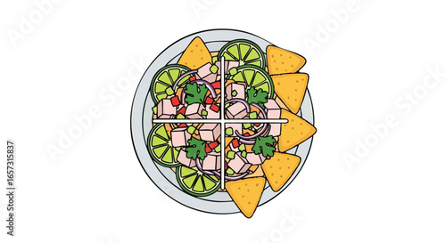 An overhead illustration of a plate of fresh fish ceviche with lime wedges and tortilla chips.