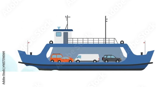 Ferry Transporting Car and Van Animation Isolated on White Background