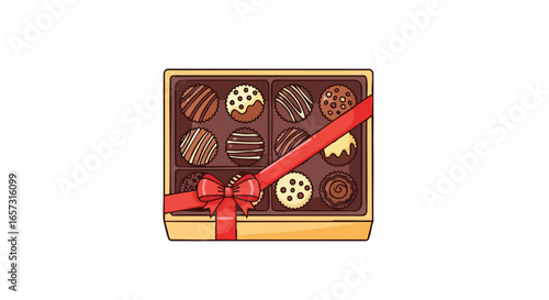 An open gift box of assorted chocolate bonbons and truffles, decorated with a festive red ribbon and bow.