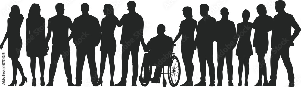 Diverse group of people standing together, men and women silhouettes, inclusion concept, teamwork, equality, support, community, wheelchair user illustration Diverse group of people standing together, men and women silhouettes, inclusion concept, teamwork, equality, support, community, wheelchair user illustration