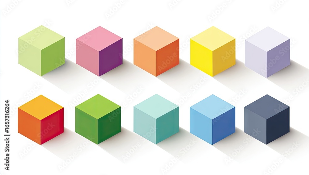 Fototapeta premium Ten pastel-colored isometric cubes with long shadows