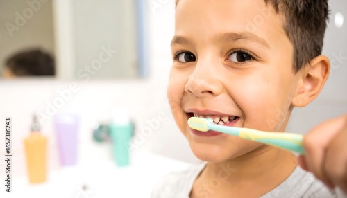 A young boy happily brushes his teeth in a bathroom, displaying a healthy smile and hygiene routine.
