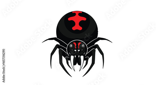 A menacing black widow spider illustration with a distinctive red hourglass marking on its back, shown from a frontal view.