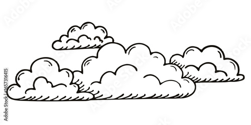 Hand drawn cartoon clouds with black outlines and white fill forming a simple cloudscape illustration