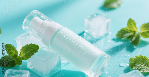 Frosted Glass Cosmetic Bottle with Pump on Ice Cubes and Mint Leaves – Fresh Skincare Product Photography