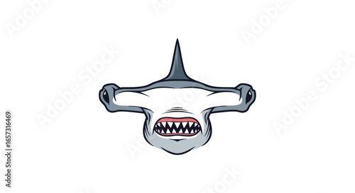 An aggressive cartoon hammerhead shark head facing forward with its mouth open, showing sharp teeth.