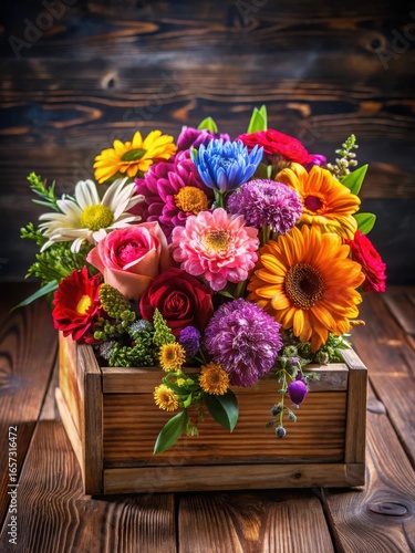 Colorful arrangement of rare flowers in a wooden box