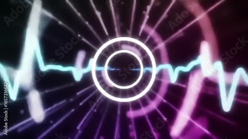 Abstract neon light design with concentric circles and waveforms