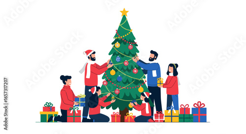 Family decorates christmas tree together enjoying holiday spirit
